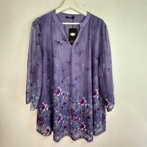 VALOLIA Womens 3/4 Sleeve Floral Tunic Tops 2XL V-Neck Double Layer Purple New